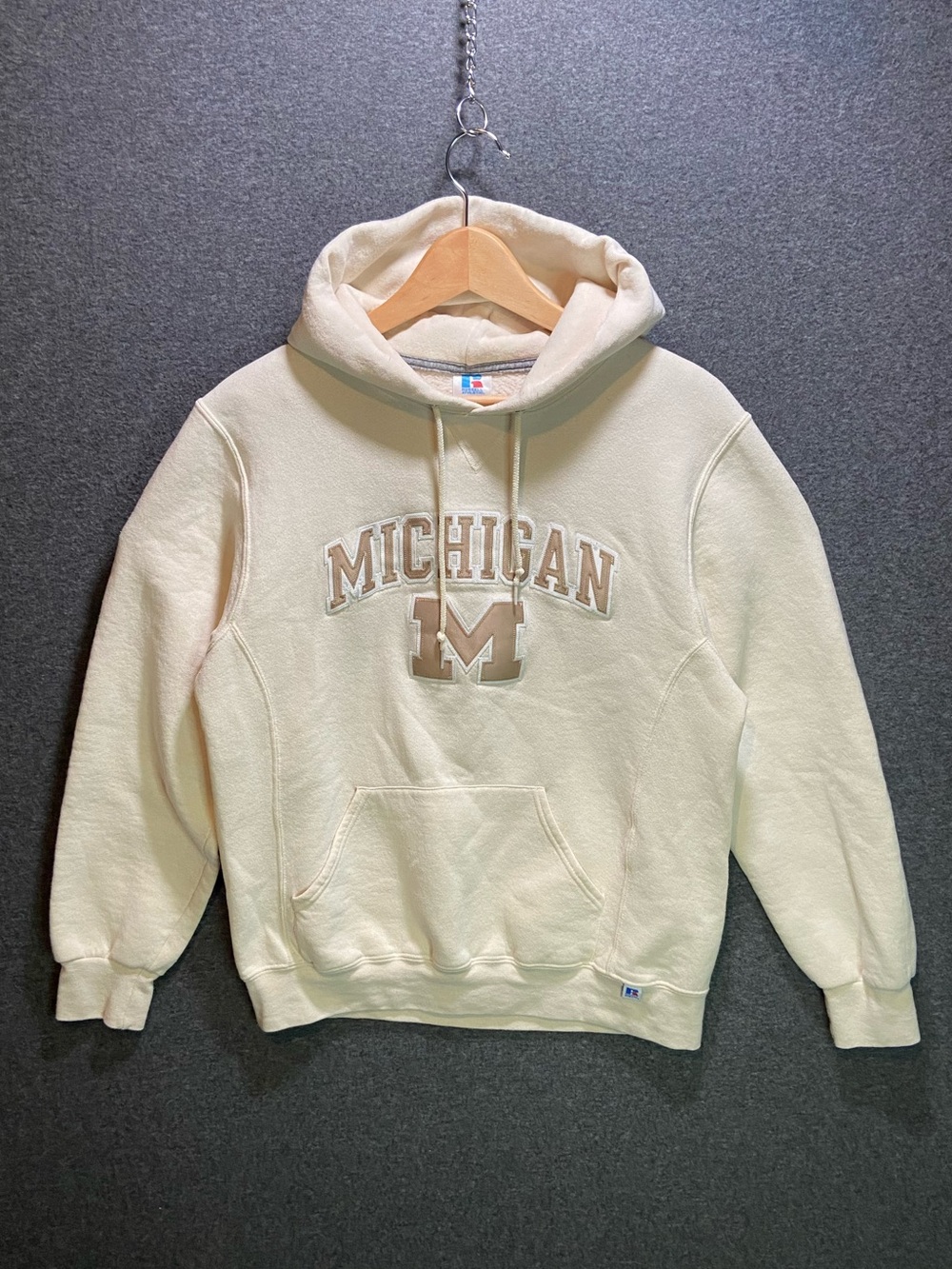 Vintage Russell Athletic Michigan Wolverines Hoodie Cream Oatmeal Embroidered M